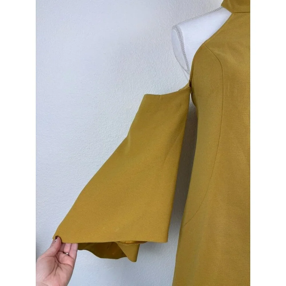 C/MEO Collective women's XS mustard halter flare sleeve cold shoulder mini dress